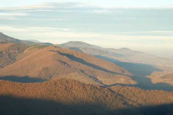 Vue du Galtz sur le château du Haut Koenisgsbourg au loin